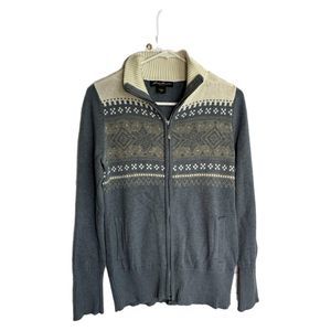 Eddie Bauer Blue & White Winter Design Zip Up Sweater, Medium, Pre-owned
